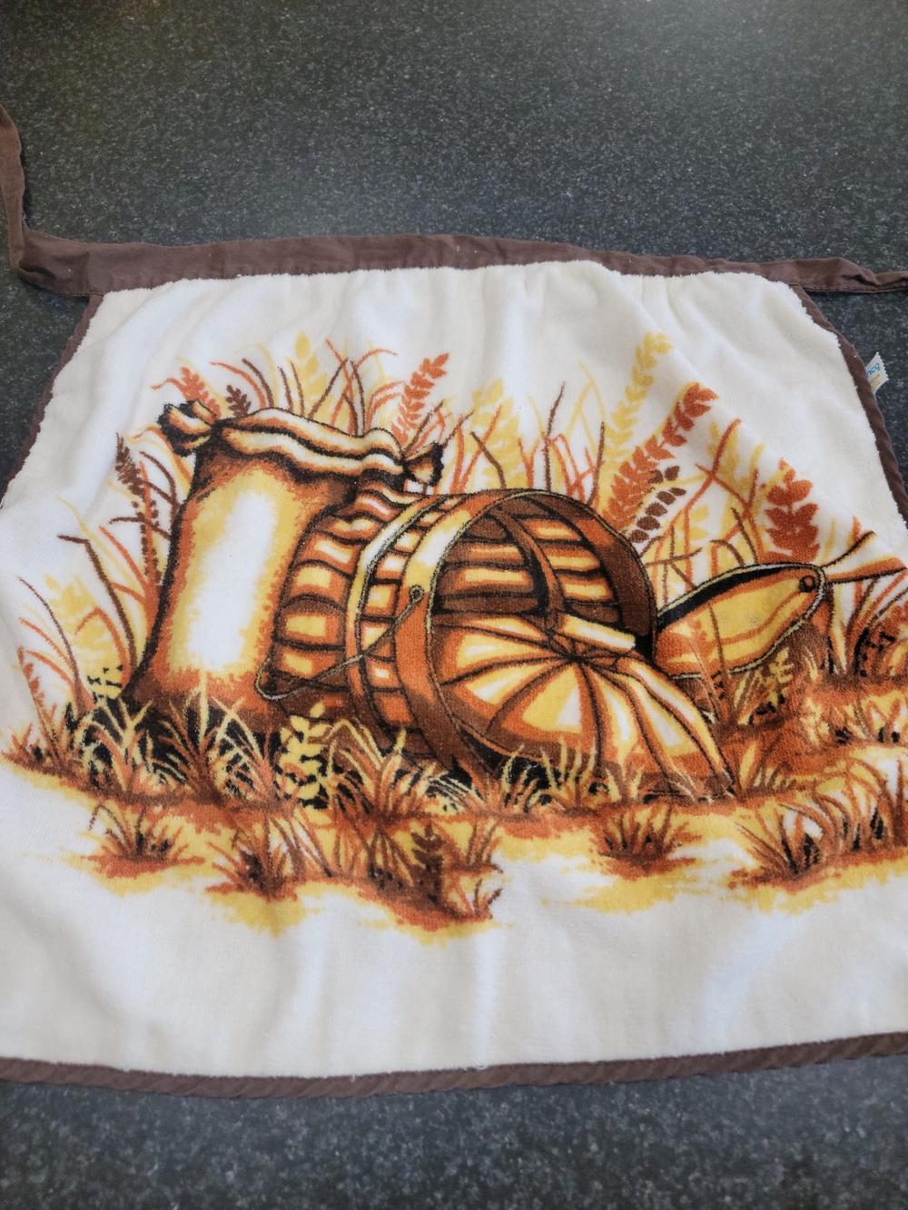 Vintage white terry cloth half apron brown trim autumn harvest pumpkin